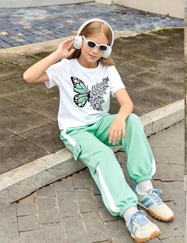 EuquixZeph Girls 2 Piece Outfits Kids Short Sleeve T-Shirt Top Cargo Pants Sweatsuit Tracksuit Jogger Sweatpants Sets 4-13Y thumbnail 5