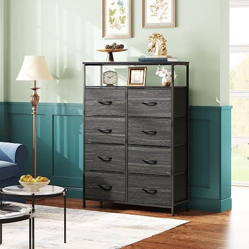 WLIVE Fabric Dresser for Bedroom with Open Shelves, Tall Dresser with 8 Drawers, Storage Tower with Fabric Bins, Chest of Drawers for Closet, Living Room, Hallway, Charcoal Black Wood Grain Print - Charcoal Black Wood Grain Print - Raised Shelves thumbnail 2