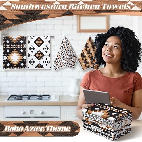 Breling Set of 6 Western Aztec Kitchen Towels Vintage Themed Dish Towel Bathroom Decorative Rustic Cloths for Kitchen Bathroom Home Cooking Housewarming, 14 x 21 Inch thumbnail 2