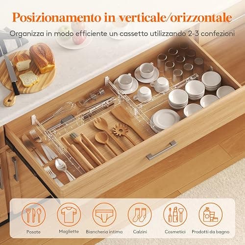 Lifewit 4 Divisori per Cassetti Cucina Alti 6cm, 40.6-56cm, Organizer Regolabili per Utensili, Vestiti e Trucchi, Separatori per Cassetti in Plastica per Camere da Letto thumbnail 4