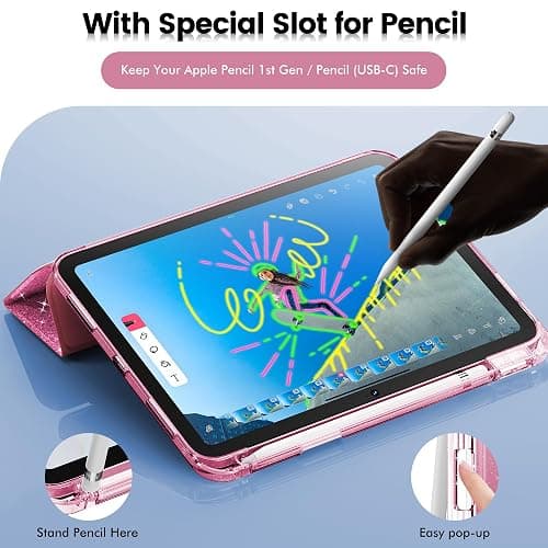 INFILAND Compatible with iPad A16 11th Generation 11 Inch 2025 Case, iPad Case 10th Generation 10.9 Inch, Glitter Cute Cover with Clear Sparkly Back, Pencil Holder, for Kids Girls Woman (Rose Pink) thumbnail 6