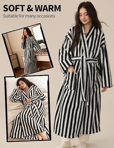 Arssm Womens Striped Fluffy Robe Long Plush Fuzzy Warm Bathrobes | Cozy Thick Loungewear, Maxi Robe, Color Block, Housecoat thumbnail 7