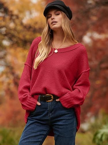 ANRABESS Women's Oversized Casual Loose Slouchy Scoop V Neck Batwing Long Sleeve Knit 2025 Fall Pullover Sweaters thumbnail 3