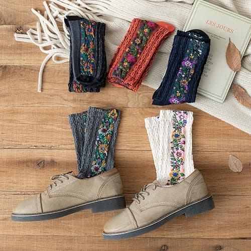 jecvxor 5 Pairs Women's Floral Design Vintage Crew Socks Ethnic Jacquard Knit Set, Red, Grey, Blue, White, Black thumbnail 3
