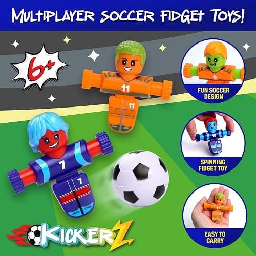 Power Your Fun KickerZ Soccer Fidgets Game Set- 8pc Tabletop Soccer Mini Fidget Toys with 4 Players, 2 Goals, 2 Balls, Foosball Spinner Fidget for Kids Teens Adults Sensory Toy Multiplayer Travel Game thumbnail 3