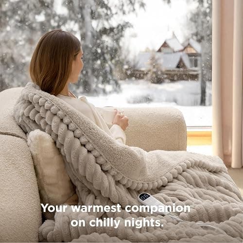 Bedsure Heated Blanket Electric Throw - Thick Striped Flannel Electric Blanket, Heating with 4 Time Settings, 6 Heat Settings, and 3-Hour Timer Auto Shut Off, Gift for Grandma (50x60 inches, Linen) thumbnail 4