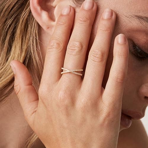 PAVOI 14K Gold Plated X Ring Simulated Diamond CZ Criss Cross Ring for Women thumbnail 2