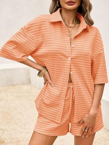 Tankaneo Womens Striped 2 Piece Sets Short Sleeve Button Down Shirt and Shorts Waffle Knit Pajama Lounge Set Summer Outfits thumbnail 4