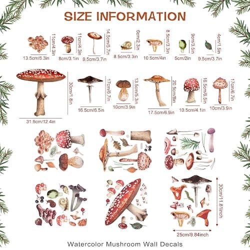 Glenmal 72 Pcs Watercolor Mushroom Wall Decals Giant Mushroom Decal Walls Peel and Stick Removable Decor Wallpaper Vinyl Sticker for Bedroom Furniture(Retro Style) thumbnail 2