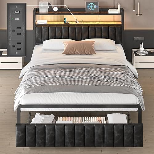 Full Size Bed Frame and Upholstered Storage Headboard, LED Light, Black | Built-in Charging Station, Wheeled Under-bed Drawers, Heavy-Duty Metal Slats, Noise-Free, Easy Assembly, No Box Spring Needed - Image 1
