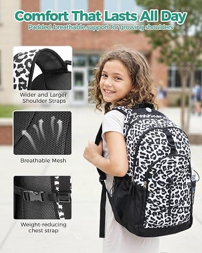 Choco Mocha Snow Leopard Backpack for Teen Girls, Travel School Backpack for Girls Middle School Large Bookbag 18 Inch, Black thumbnail 4