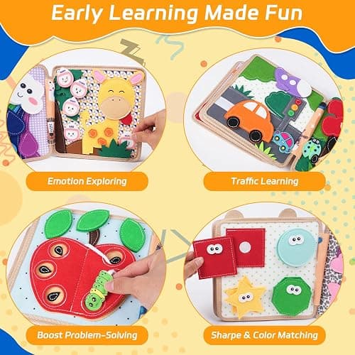 kabiuby Giraffe Busy Book for Toddlers 1-3, Montessori Toys Toddler Busy Board for 1 Year Old, Felt Quiet Book Sensory Learning Activity Books, Airplane Car Travel Toys, Gifts for Boys Girls 1+ thumbnail 3