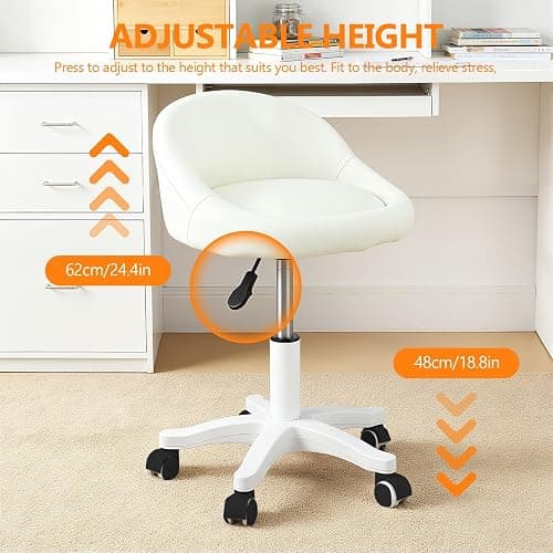 Faux Leather Round Rolling Stool Height Adjustable Swivel Salon Chair with Wheels for SPA Home Office, Ergonomic Plastic Frame Quiet Castors Beige thumbnail 4