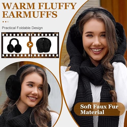 Uikue Womens Winter Knit Hat Beanie Scarf Touch Screen Gloves Ear Muffs Socks 5 Pieces Sets Faux Fur Pom Beanie Warmer Cap thumbnail 5