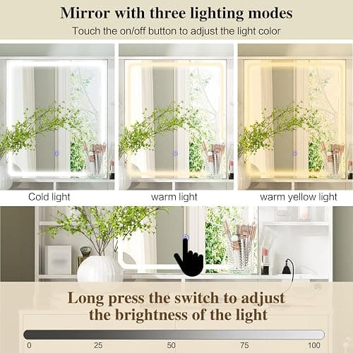 Ieejdn Makeup Vanity Desk with Mirror and Lights, Vanity Desk with 8 Drawers & Storage Shelves, Vanity Table with Power Outlet, 3 Color Modes & Adjustable Brightness Dressing Table, Bedroom,White thumbnail 6