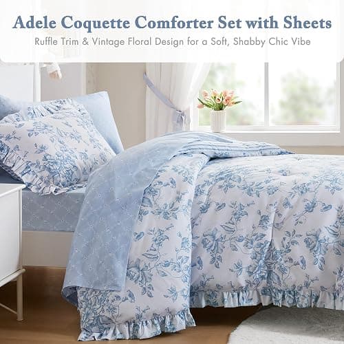 Madison Park Essentials Adele Comforter Set Blue Floral Twin XL – Shabby Chic Vintage Bed in a Bag with Sheet Set, Reversible Ruffle Bedding, College Dorm Gift for Her Women Teen thumbnail 2