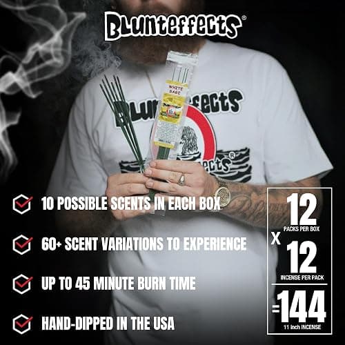 Blunteffects Hand-Dipped Incense Sticks - Premium 144-Pack Variety Set, 12 Different Scents, 11" Long, USA-Made Aromatherapy with Long Burn Time (12 Pack, 144 Total Sticks) thumbnail 6