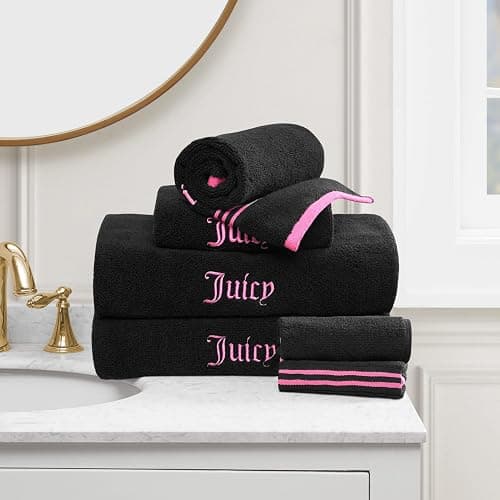 Juicy Couture Black/Hot Pink Border Bath Towels 6-Piece 100% Cotton Bath Towel Set - Image 1