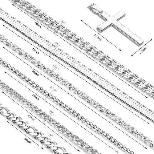 LOYALLOOK 6PCS Silver Chain for Men Women Stainless Steel Cross Chain Layered Cuban Link Figaro Snake Box Chain Cross Pendant Necklace 18-20IN/20-22IN thumbnail 2