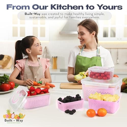 Built-Way Fruit Storage Containers for Fridge - Set of 4 - Airtight Lid Keeps Fresh - For Fruit & Vegetable Storage - Space-Saving Design - Ideal for Produce, Berries, Snacks - Pink thumbnail 2