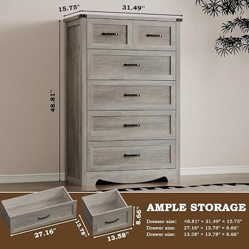 BORNOON Tall 6-Drawer Dresser for Bedroom, Modern Wooden Chest of Drawers with Metal Handles, Anti-Tipping Design, Sturdy and Stable Storage Organizer for Living Room, Entryway, Home Office thumbnail 2