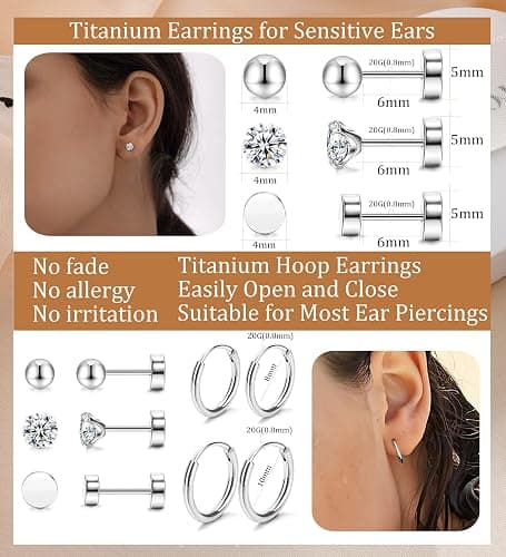 Staligue 5 Pairs Titanium Earrings - Dot Ball Cubic Zirconia 20 Gauge Pure Titanium Stud Hoop Earrings Set - Flat Back for Women thumbnail 4