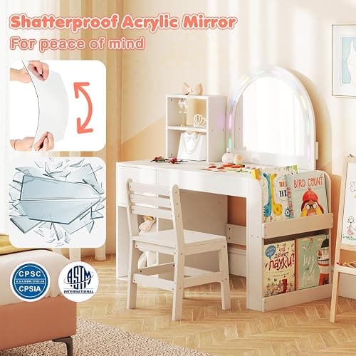 Costzon Kids Vanity with Lights, Girls Vanity Set with Mirror, Bookshelf, Drawer, Storage Cabinet & Shelves, Toddler Makeup Vanity Desk Dressing Table, Kids Vanity Table and Chair Set (White) thumbnail 8