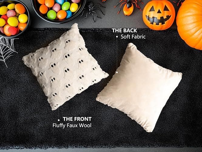 4TH Emotion Halloween Ghost Decorative Pillow Covers 18x18 Set of 2, Beige Soft Plush Faux Fur Farmhouse Throw Cushion Cases for Fall Holiday Home Decorations thumbnail 5