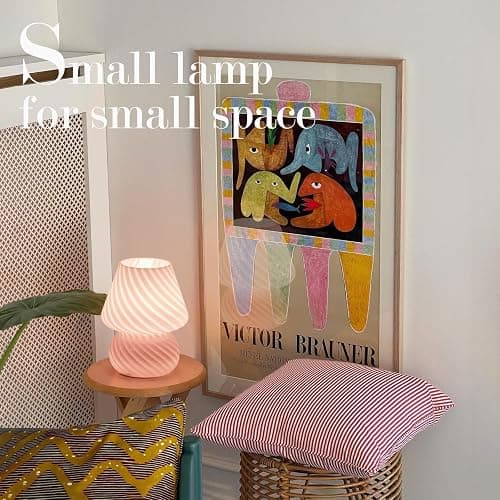 ONEWISH Mushroom Lamp-Small Bedside Table Lamp with Striped Glass, Nightstand Lamp for Bedroom, Living Room, Cafe, Bulb Included, Home Decor for Girls Women, Pink thumbnail 5
