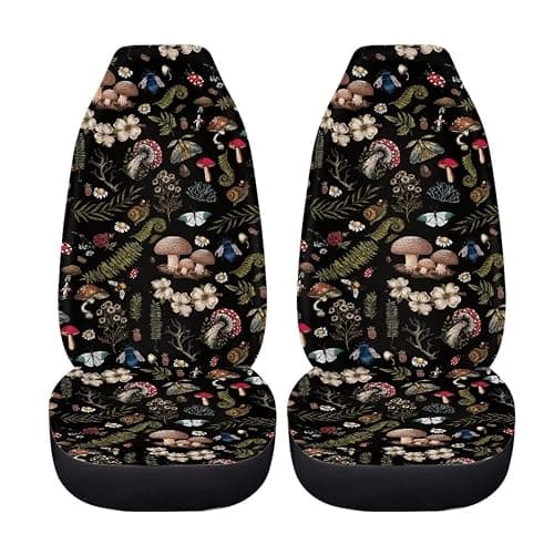 Drydeepin Vintage Wild Forest Mushroom Snail Beetle Daisy Cottagecore Print 2 Pack Car Seat Covers Set Front Seats Only Universal Fit Most Truck SUV Vans Auto Accessories Interior Cushion Protector - Image 1