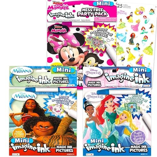 Disney Princess Magic Ink Coloring Book Set - Bundle with 3 Imagine Ink Books for Girls Kids Toddlers Featuring Disney Princess, Moana, and Minnie Mouse with Invisible Ink Pen and Stickers - Image 1