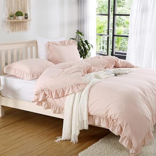 Pink Ruffle Duvet Cover Queen Size, 3PCS Soft Washed Microfiber Vintage French Country Duvet Cover Set for Queen Bed, Pink, 90x90 in thumbnail 2