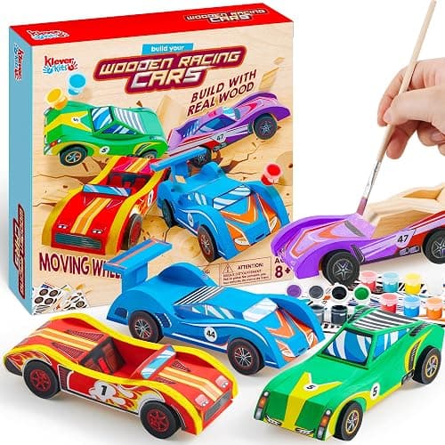 Klever Kits 4 DIY Wooden Race Cars-Build & Paint Your Own Wood Craft Kit, 4 Race Cars Toy, Easy to Assemble Arts Crafts Kit, Birthday Party Presents for Kids Boys and Girls - Image 1
