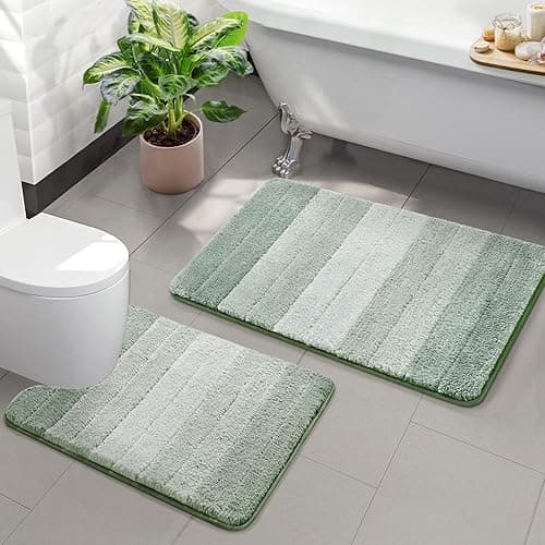 Kmson 2 Piece Ombre Bath Mat Set Bathroom Rugs, Non Slip Ultra Soft and Water Absorbent Bath Carpet, Machine Washable Quick Dry Bedroom Door Mat Living Room Rug Green - 3 PCS 17"x24"+20"x32"+U Shape 24"x20" Grey3