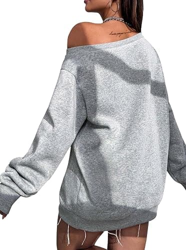 Remidoo Womens Off Shoulder Sweatshirt Drop Shoulder Oversized Long Sleeve Pullover Top - Small - Grey thumbnail 2
