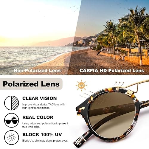 CARFIA Small Face Acetate Polarized Sunglasses for Women UV Protection, Retro Double Bridge Eyewears Metal Brow Round Sunnies thumbnail 9