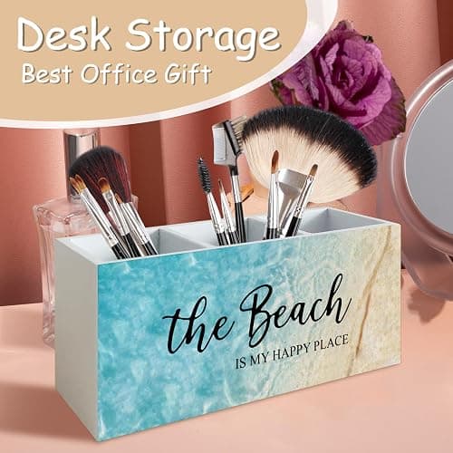 YTRGI Beach Gifts for Women Men, The Beach Is My Happy Place Pen Holder for Home Office Kitchen Desk Decor, Beach Wooden Pencil Holder Sign Organizer for Home Office Desk Accessories, thumbnail 4