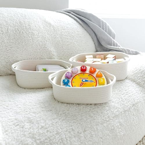 NaturalCozy 5-Piece Rectangle Storage Basket Set- Cotton Rope Woven Baskets for Organizing! Small Basket for Montessori, Baby Nursery, Dog Toy Baskets, Cat Toy Box, Bathroom Organization Bin thumbnail 8