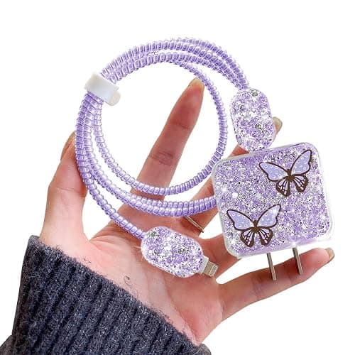 CameCosy Cute Glitter Cable Protector for iPhone Charger with Luxury Butterfly Girly Design Bling Cable Data Line Wire Saver Phone Charger Protector for iPhone 11 12 13 14 15 Pro Max Plus-Purple - Image 1