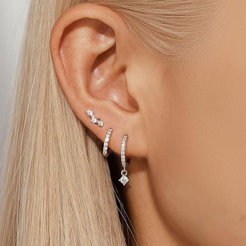 Eathareel Sterling Silver Hoop Earrings Set for Women, 14K Gold Plated|Silver Blue|Emerald Green Shiny CZ Earrings Set, Hypoallergenic Earring for Sensitive Ears, No tarnish No Lead thumbnail 6