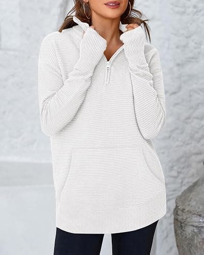 BTFBM Sweaters for Women Fall Clothes 2025 Pocket Quarter Zip Pullover V Neck Long Sleeve Knit Trendy Winter Sweater thumbnail 4