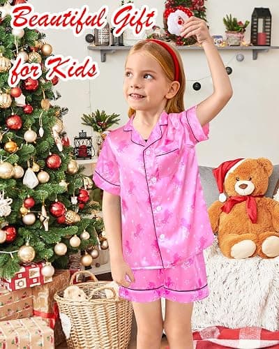 Kids Girls Pajama Set Silky PJS Button-Down Sleepwear Nightwear Loungewear Clothes Set Gifts thumbnail 2