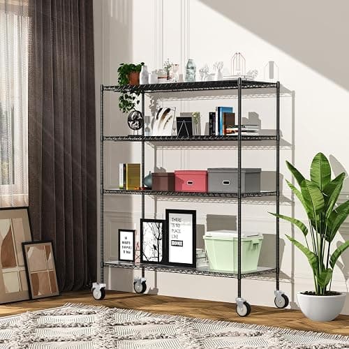 Wire Shelving with Wheels, 60x24x72 Inch, 2000 Lbs Storage Shelves Heavy Duty, Commercial-Grade Adjustable Utility Shelf, NSF-Certified Metal Storage Rack with Shelf Liners, 4-Tier, Matte Black - Matte Black - 4-Tier 60"x24"x72" thumbnail 8