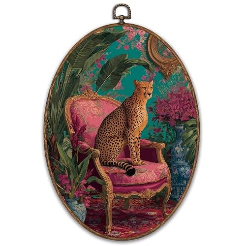 FCHHYWAL Funky Leopard Floral Oval Framed Wall Art, Maximalist Cheetah Aesthetic Canvas Wall Art Prints Decor, Eclectic Jungle Animal Hanging Decor for Home Living Room Bedroom, 8.7 x 11.3 Inch - Image 1