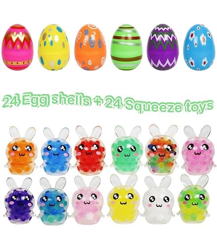 24 Pack Prefilled Easter Eggs with Bunny Mini Squeeze Balls for Kids | Soft squishy stress relief fidget toys for egg hunts, Easter baskets, classroom rewards and party favors thumbnail 7
