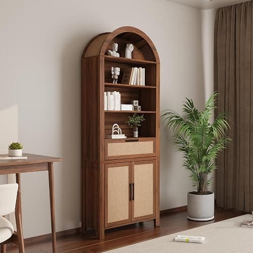 Janmer Home 79" Tall Arched Bookcase with Storage, Mid Century Modern 6-Tier Cabinet with Door and Drawer, Arched Bookshelf with Open Display Shelf for Office Living Room(Walnut, 79inch-Doors) thumbnail 4