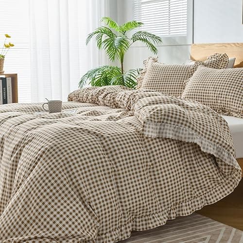 kisswish Gingham Duvet Cover Queen Size, 3 Pieces Soft Breathable Microfiber Plaid Comforter Cover with Zipper Closure & 2 Pillow Shams, Ruffle Farmhouse Vintage Decor, Taupe thumbnail 7