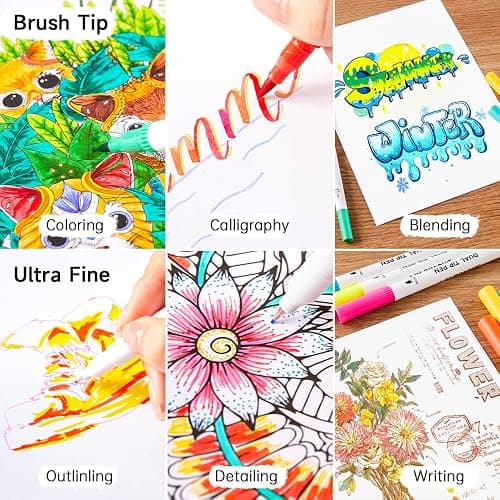 120 Colors Dual Tip Brush Marker Pens with 1 Coloring Book, Fineliner and Brush Dual Tip Markers Set, Water-based Ink Perfect for Kids Adult Artist Calligraphy Hand Lettering Journal Doodling Writing thumbnail 6