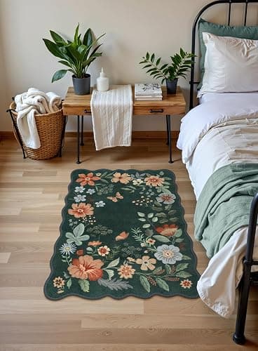 Lahome Floral Green Rugs for Entryway, 2X3 Washable Kitchen Rugs Non Slip Soft Rug, Ultra-Thin Indoor Door Mat Boho Small Throw Carpet for Bathroom Bedroom Flore (2x3ft, Dark Green) thumbnail 3