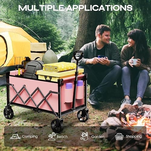 Uyittour Collapsible Wagon Cart Foldable with 220lbs Weight Capacity, Lightweight Portable Folding Grocery Shopping Cart with Wheels for Camping Sports Beach and Shopping, Pink - Pink - 90"L thumbnail 4